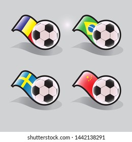 Soccer vector icon set with ball and flags of   Brazil , China , Sweden , Romania