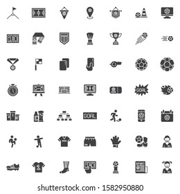 Soccer vector icons set, Football sport modern solid symbol collection filled style pictogram pack. Signs, logo illustration. Set includes icons as referee card, whistle, corner kick, goal, goalkeeper