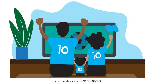 soccer vector, illustration of a family watching a football match and supporting their team that is playing, flat, vector, cool, fanatic, fans, country, team, favorite, mainstay of euphoria soccer