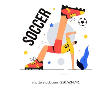 Soccer Vector Illustration featuring a Man Kicking a Soccer Ball on a Green Field for a Football League and Sports Match in a Flat Cartoon Background