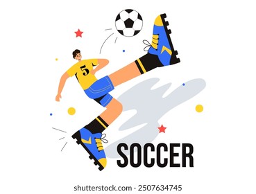 Soccer Vector Illustration featuring a Man Kicking a Soccer Ball on a Green Field for a Football League and Sports Match in a Flat Cartoon Background