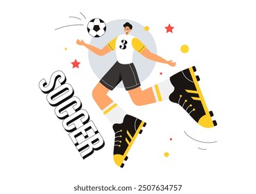 Soccer Vector Illustration featuring a Man Kicking a Soccer Ball on a Green Field for a Football League and Sports Match in a Flat Cartoon Background