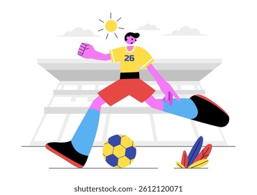 Soccer Vector Illustration Featuring a Man Kicking a Soccer Ball on a Green Field for a Football League and Sports Match in a Flat Cartoon Background