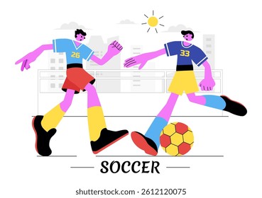 Soccer Vector Illustration Featuring a Man Kicking a Soccer Ball on a Green Field for a Football League and Sports Match in a Flat Cartoon Background