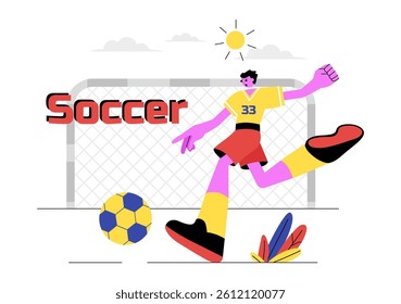 Soccer Vector Illustration Featuring a Man Kicking a Soccer Ball on a Green Field for a Football League and Sports Match in a Flat Cartoon Background