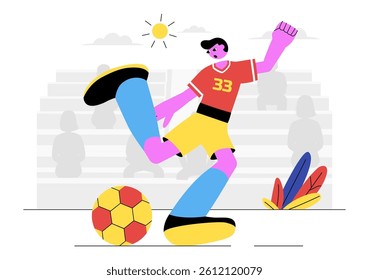 Soccer Vector Illustration Featuring a Man Kicking a Soccer Ball on a Green Field for a Football League and Sports Match in a Flat Cartoon Background