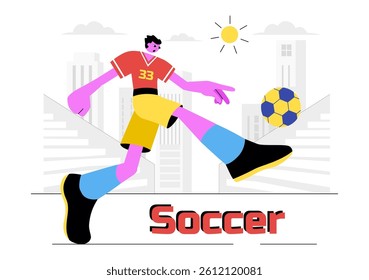 Soccer Vector Illustration Featuring a Man Kicking a Soccer Ball on a Green Field for a Football League and Sports Match in a Flat Cartoon Background