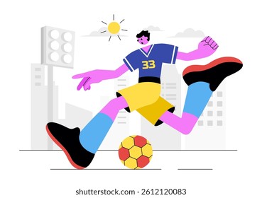 Soccer Vector Illustration Featuring a Man Kicking a Soccer Ball on a Green Field for a Football League and Sports Match in a Flat Cartoon Background