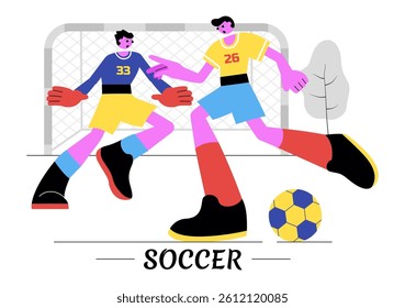 Soccer Vector Illustration Featuring a Man Kicking a Soccer Ball on a Green Field for a Football League and Sports Match in a Flat Cartoon Background