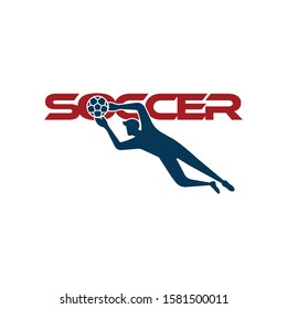Soccer vector illustration of a silhouette soccer or football player isolated on white background. Sport Logo with soccer text and player figure. Soccer vector for icon, logo, app, symbol.