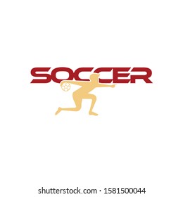 Soccer vector illustration of a silhouette soccer or football player isolated on white background. Sport Logo with soccer text and player figure. Soccer vector for icon, logo, app, symbol.