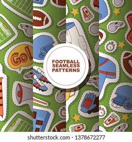 Soccer vector seamless pattern football pitch and sportswear or soccerplayer illustration backdrop set of footballing clothes cup background.