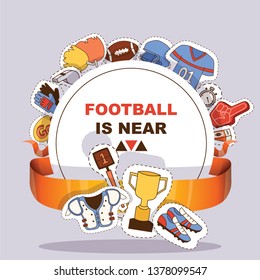 Soccer vector soccerball sticker football pitch and sportswear of footballer or soccerplayer illustration backdrop footballing clothes wallpaper trophy cup background.