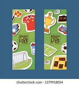 Soccer vector soccerball sticker football pitch and sportswear of footballer or soccerplayer illustration backdrop set of footballing clothes wallpaper trophy cup background.