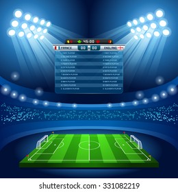 Soccer Vector Stadium Score Board Empty Field Background. Football Stadium Nocturnal View Illustration. Sport Building Sporting International Soccer Events Football Russia 2018 Championship Cup Quatar