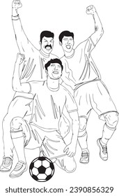 Soccer Victory Moment: Cartoon Sketch of Winning Team Members, Match Triumph: Soccer Player's Goal Celebration Line Vector, Goal Achievement: Soccer Team Celebration Sketch Cartoon