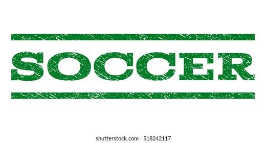 Soccer watermark stamp. Text tag between horizontal parallel lines with grunge design style. Rubber seal stamp with dust texture. Vector green color ink imprint on a white background.