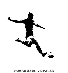 Soccer, woman playing football, female soccer player kicking ball, isolated vector silhouette, rear view