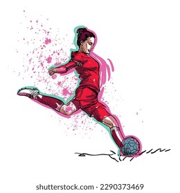 soccer. Women's football. Hand-drawn illustration. Female athletes in red uniforms playing football on the field. feminism