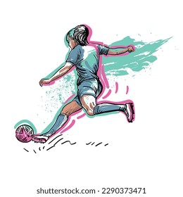 fútbol. Fútbol femenino. Ilustración dibujada a mano. Atletas con uniformes rojos jugando fútbol en el campo. feminismo