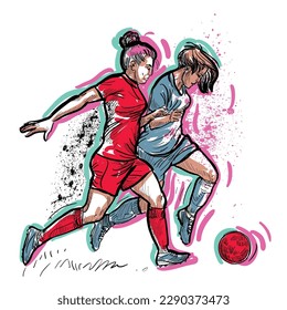 soccer. Women's football. Hand-drawn illustration. Female athletes in red uniforms playing football on the field. feminism