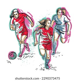 soccer. Women's football. Hand-drawn illustration. Female athletes in red uniforms playing football on the field. feminism