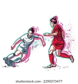 soccer. Women's football. Hand-drawn illustration. Female athletes in red uniforms playing football on the field. feminism