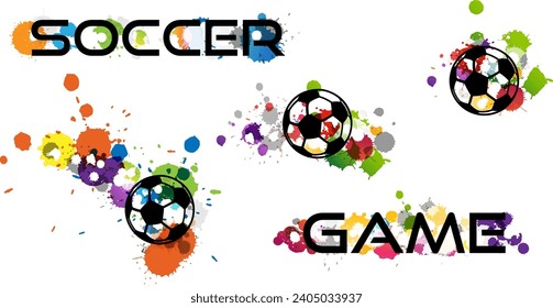 Soccer word, game word, soccer ball silhouette with rainbow paint splashes.