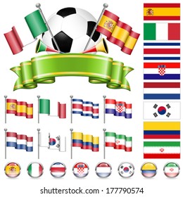 Soccer World Championship 2014 Brazil Collect with Flags, Ball, Ribbon and Flags, isolated vector. Part 2 of 4.