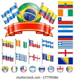 Soccer World Championship 2014 Brazil Collect with Flags, Ball, Ribbon and Flags, isolated vector. Part 3 of 4.