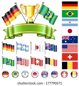 Soccer World Championship 2014 Collect with Flags, Gold Cup, Ribbon and Flags, isolated vector. Part 1 of 4.