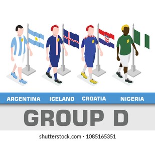 Soccer world championship tournament 2018 team group. Group D Argentina, Iceland, Croatia, Nigeria.