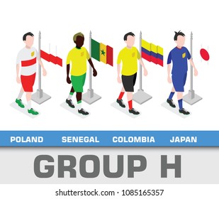 Soccer world championship tournament 2018 team group. Group H Poland,  Senegal,  Columbia,  Japan.