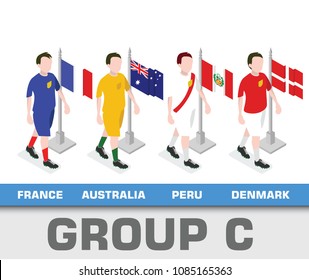 Soccer world championship tournament 2018 team group. Group C France, Australia, Peru, Denmark.