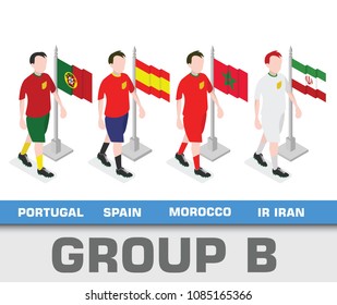 Soccer world championship tournament 2018 team group. Group B Portugal, Spain, Morocco, Ir Iran. Isometric Football players with national flag.