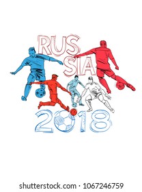 Soccer World Cup 2018. Russia. Footbal players in different poses. Template design poster. Hand drawn vector illustration. 