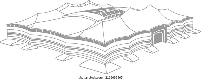 Stadion isometrisches Symbol. Infografische Elemente Fußball-Arena. Fußball-Stadiongebäude. Vektorgrafik im Linienstil einzeln auf weißem Hintergrund.