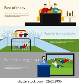 Soccer world cup tv spectators and fans at the stadium flat banners set abstract isolated vector illustration