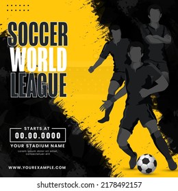 Soccer World League Concept With Faceless Footballer Players On Black And Yellow Brush Grunge Background.