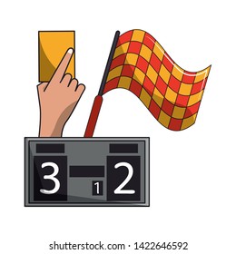 Soccer yellow referee card with flag and scoreboard sport cartoons vector illustration graphic design