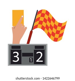 Soccer yellow referee card with flag and scoreboard sport cartoons vector illustration graphic design