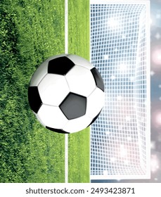 Soccer,Ball,On,Green,Stadium,Arena. A soccer ball is in the air rotating, in an illuminated stadium