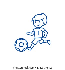 Soccer,boy playing football line icon concept. Soccer,boy playing football flat  vector symbol, sign, outline illustration.