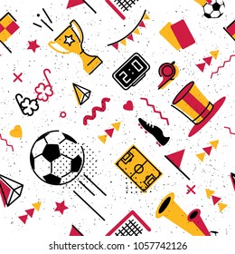 Soccer/football abstract background in 80s memphis style. Seamless memphis pattern for posers and cards. Vector illustration