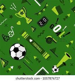 Soccer/football abstract background in 80s memphis style. Seamless memphis pattern for posers and cards. Vector illustration