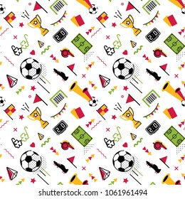 Soccer/football abstract background in 80s memphis style. Seamless memphis pattern for posers and cards. Vector illustration