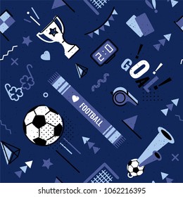 Soccer/football abstract background in 80s memphis style. Seamless memphis pattern for posers and cards. Vector illustration