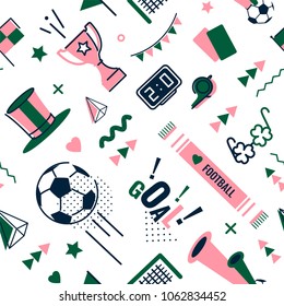 Soccer/football abstract background in 80s memphis style. Seamless memphis pattern for posers and cards. Vector illustration