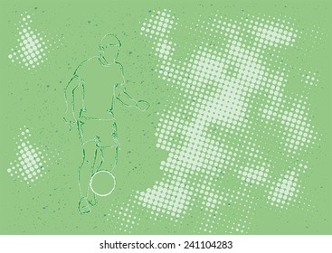 Soccerplayer with ball in front of a green background with halftone dots