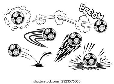 Soccers football balls fly at high speed. Vector in comic style on transparent background